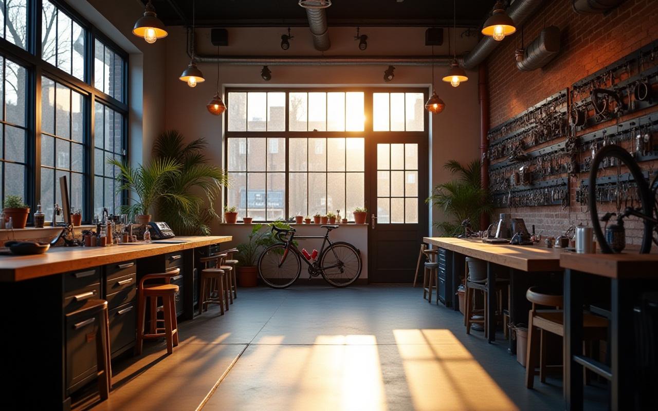 Bicycle workshop interior with warm lighting